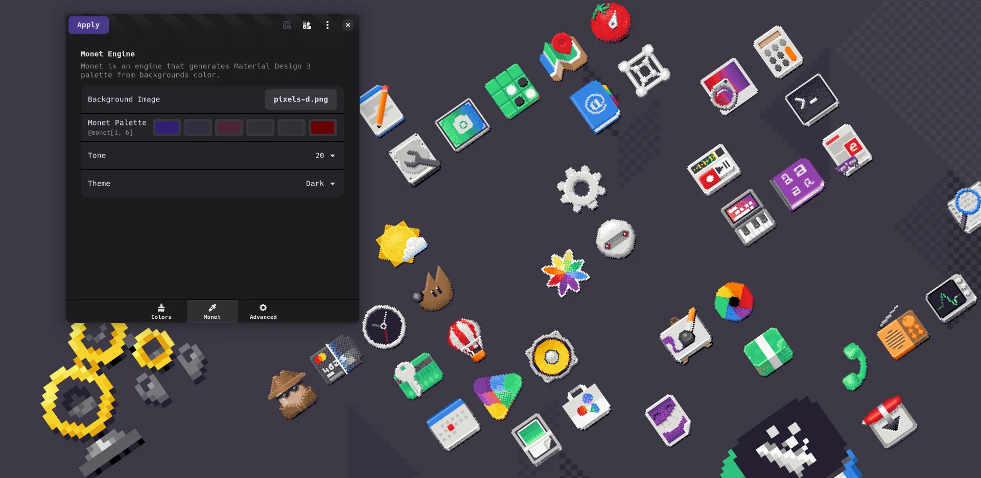 Gradience showing the monet engine colors in dark mode