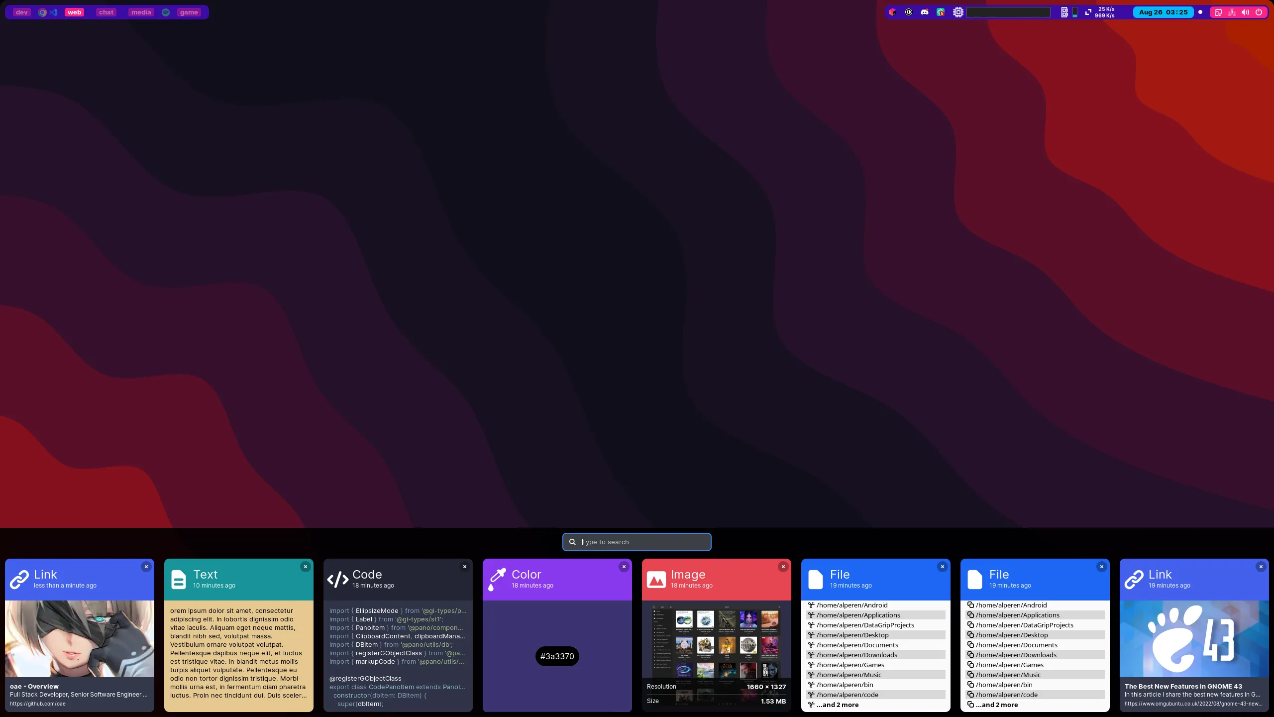 GNOME Shell with the Pano extension