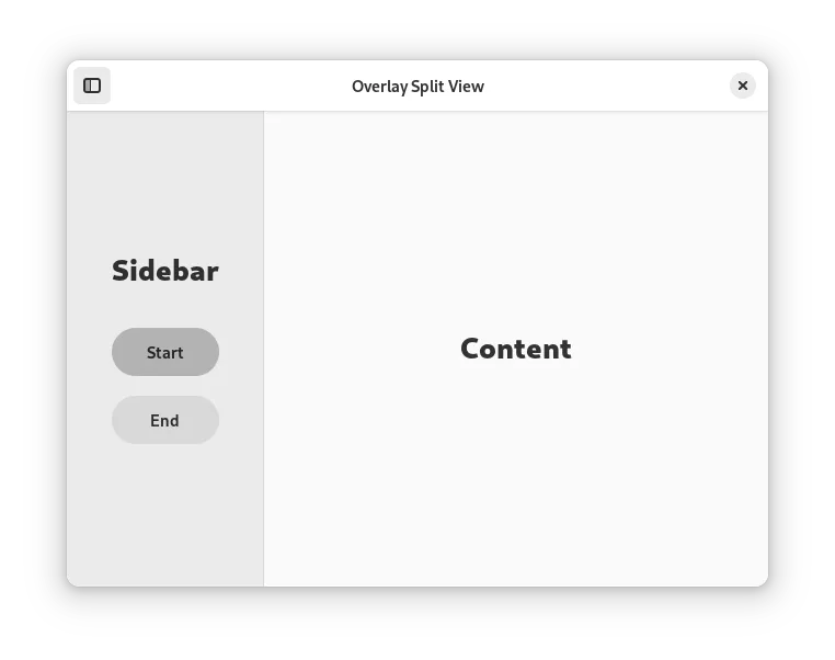 Screenshot of a window with a utility pane at desktop sizes. There is a button at the top left with an icon mirroring the shape of the window. This button controls the visibility of the sidebar. It is currently toggled, and the sidebar shows next to the main content.