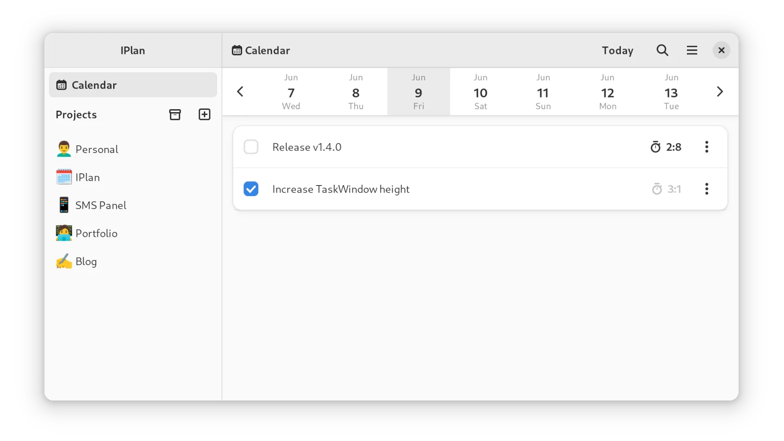 Screenshot of IPlan's main window, showing various projects and their associated tasks.